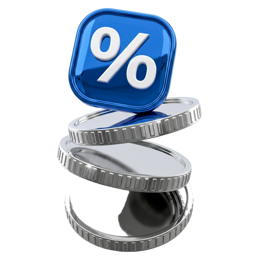 Stack of silver coins with a blue percentage discount badge
